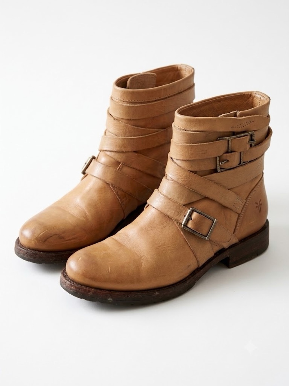 FRYE Veronica Strappy Leather Ankle Boots Camel Tan Size 7